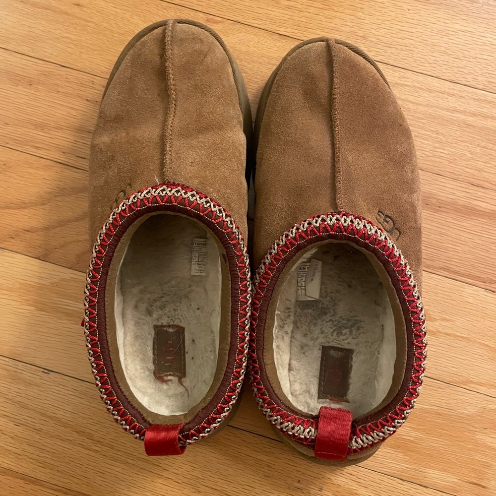 UGG Brown Suede Slip-On Shoes with Red Trim